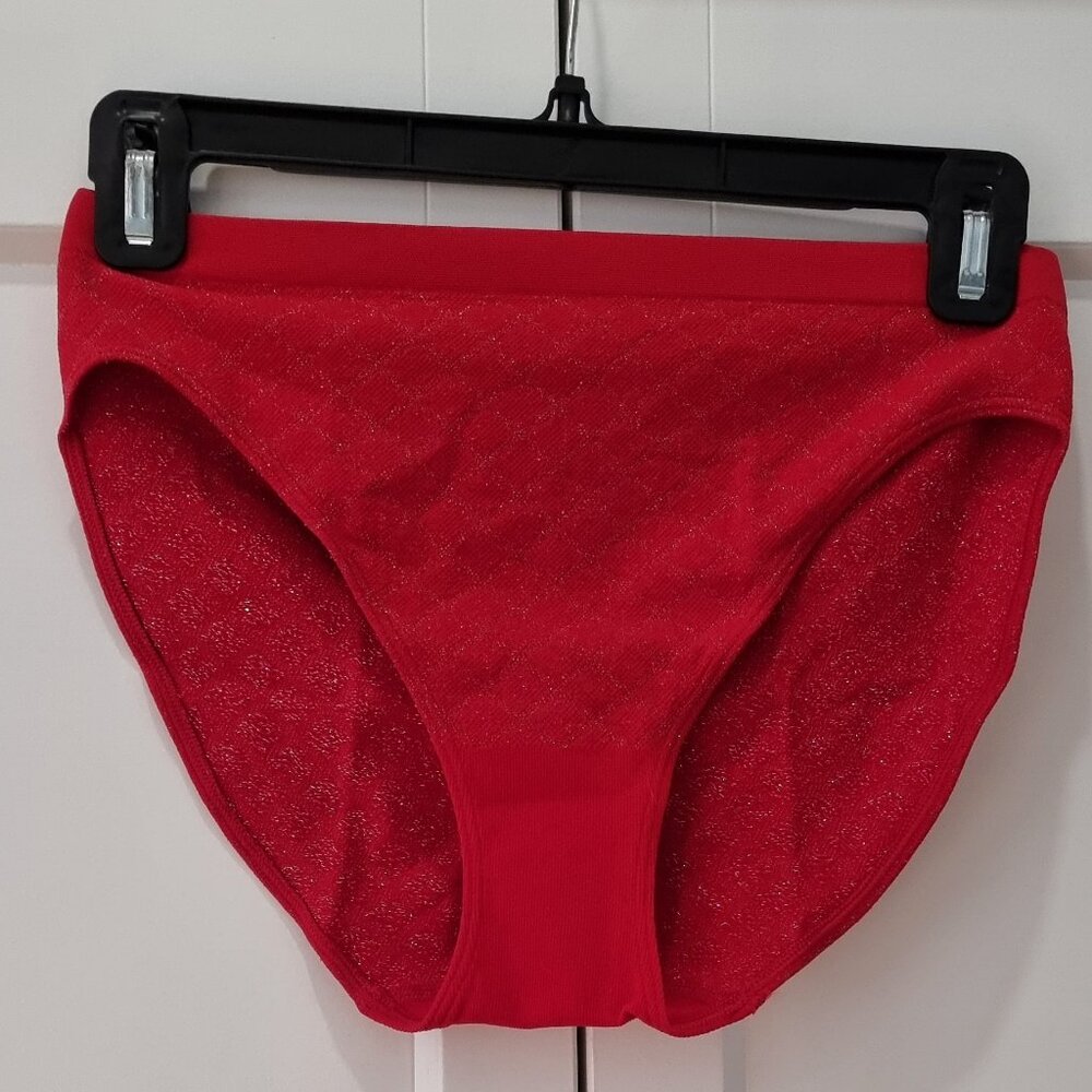 Victoria's Secret red with gold triangle pattern underwear.